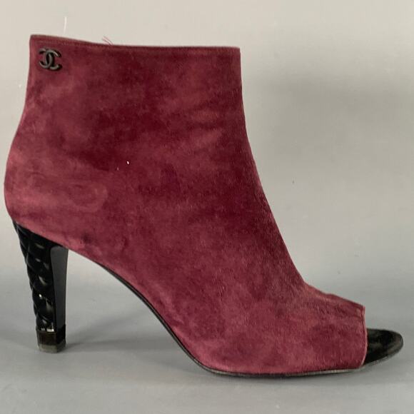 CHANEL Size 8.5 Burgundy Suede Peep Toe Side Zipper Ankle Boots - Picture 2 of 9